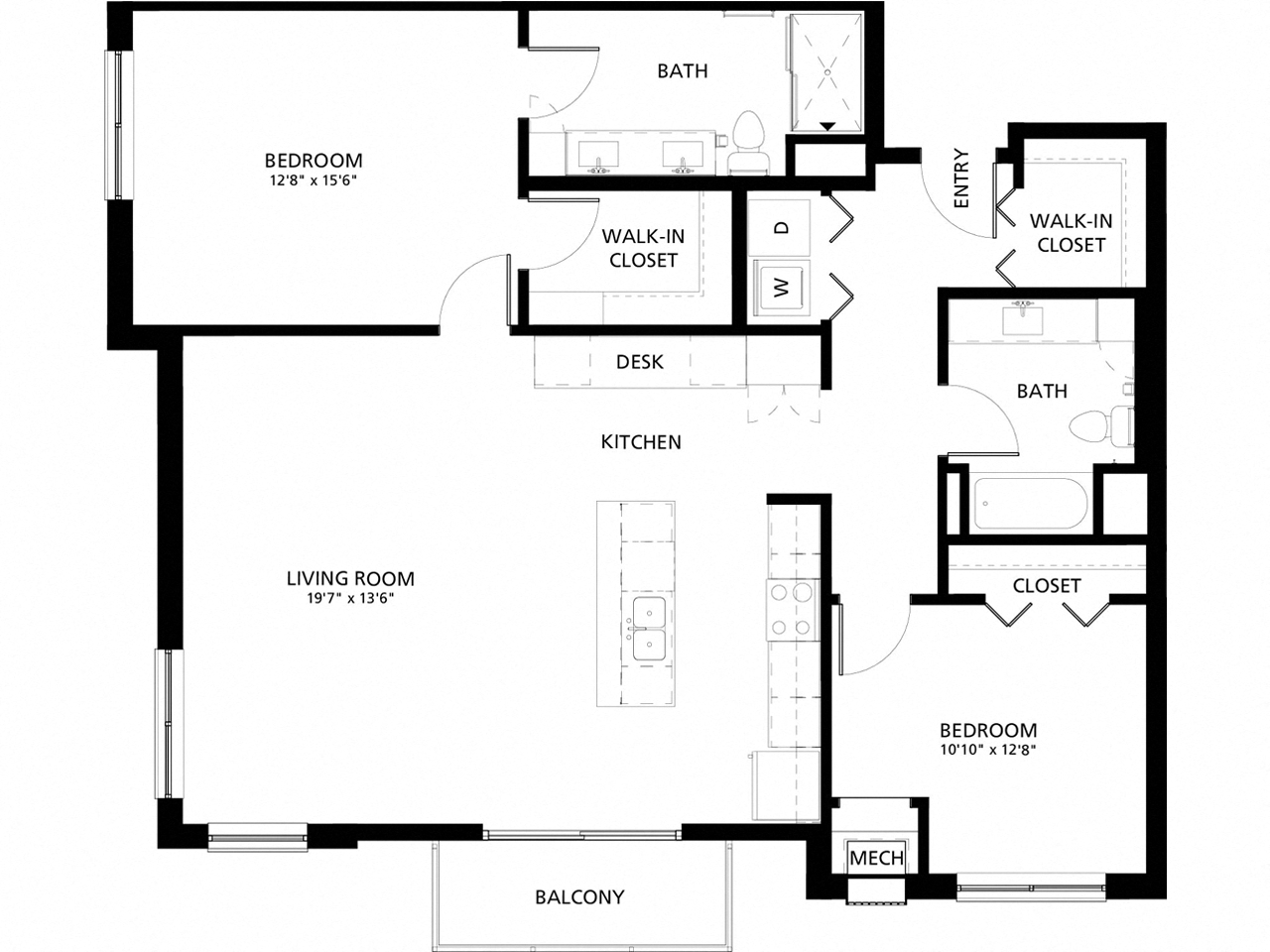 Floor plan for 2 beds, 2 baths, 1298 sqft
